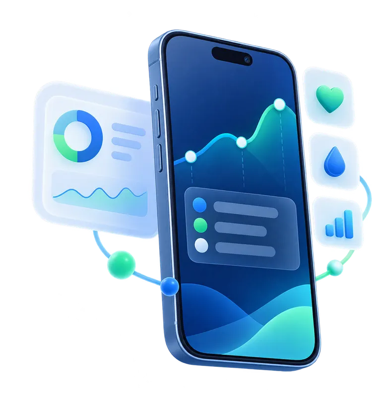 Ilustração de um celular com curva de glicose e cartões de acompanhamento
